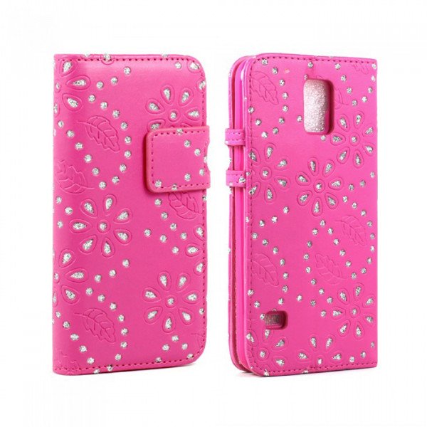 Wholesale Samsung Galaxy S5 Diamond Flip Leather Wallet Case with Stand (Hot Pink)